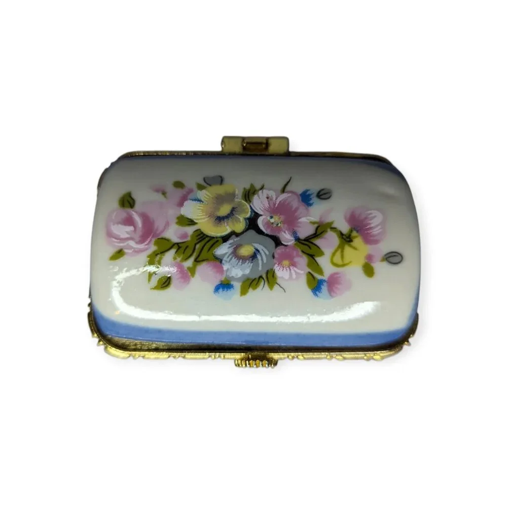 Ceramic Trinket Hinged Box Blue White Yellow and Pink 2.5